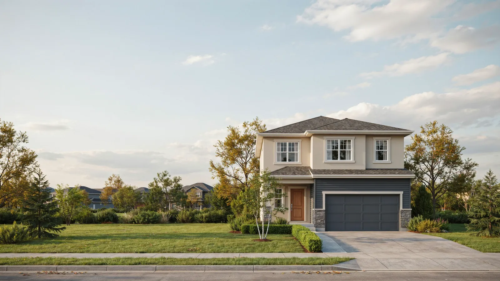 A two storey suburban house at dusk, a home whose owner is behind on mortgage payments in Alberta