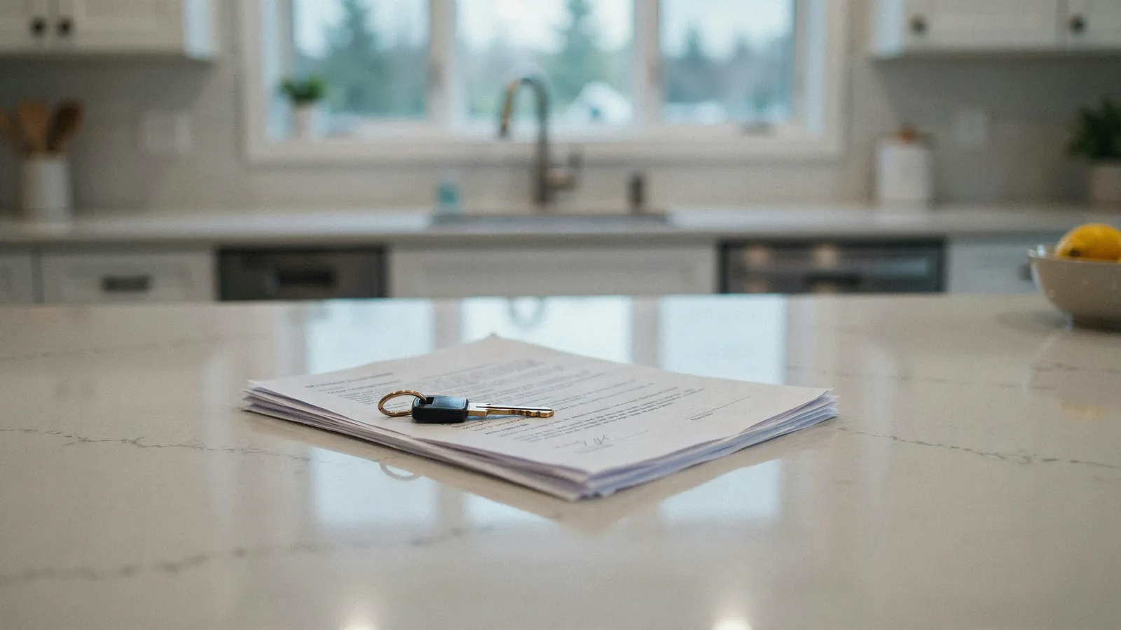 House keys resting on sale paperwork on a kitchen counter, a cash offer on a home in Alberta