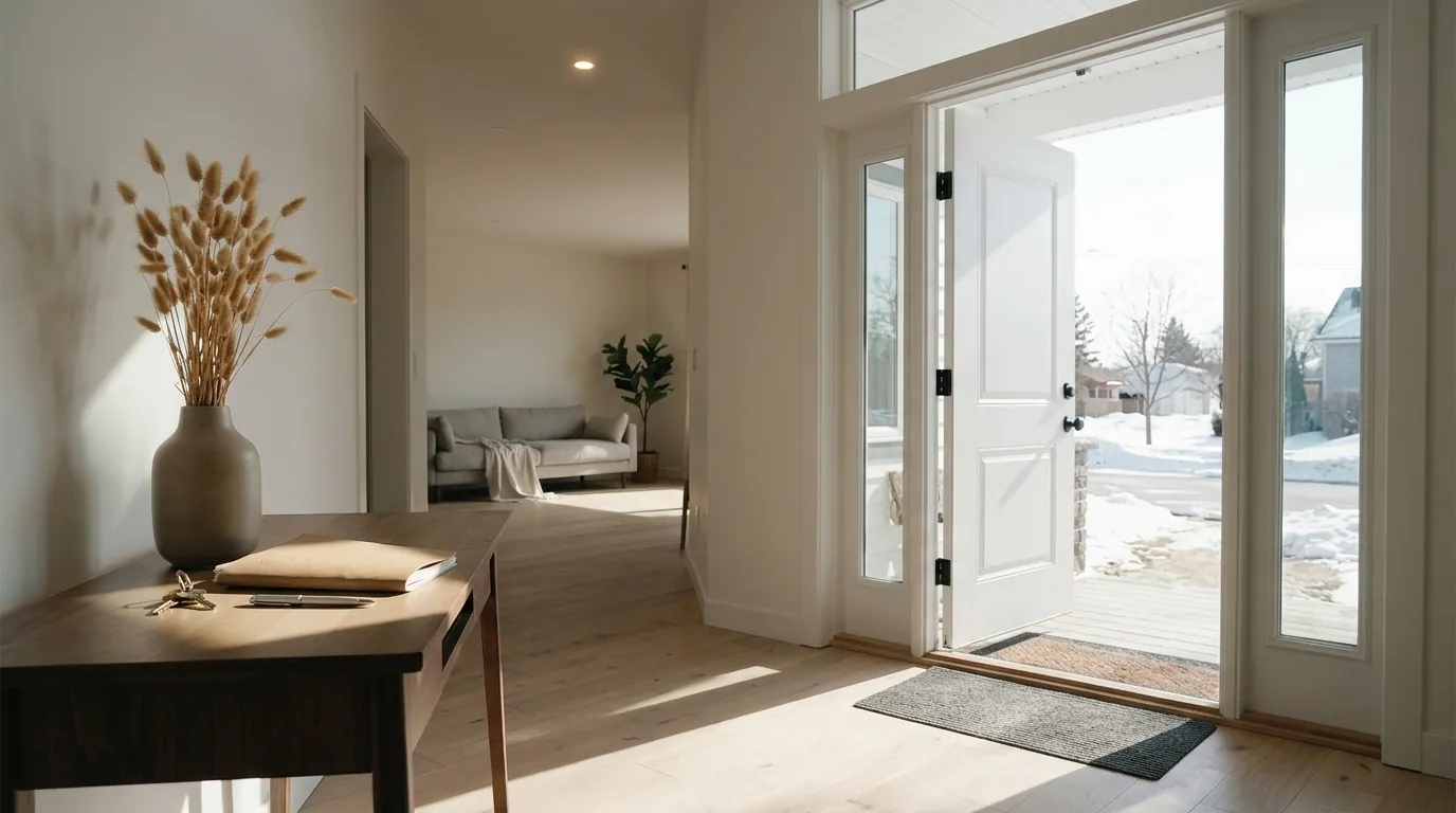 An open front door onto a bright hallway, the alternatives to foreclosure still open in Alberta
