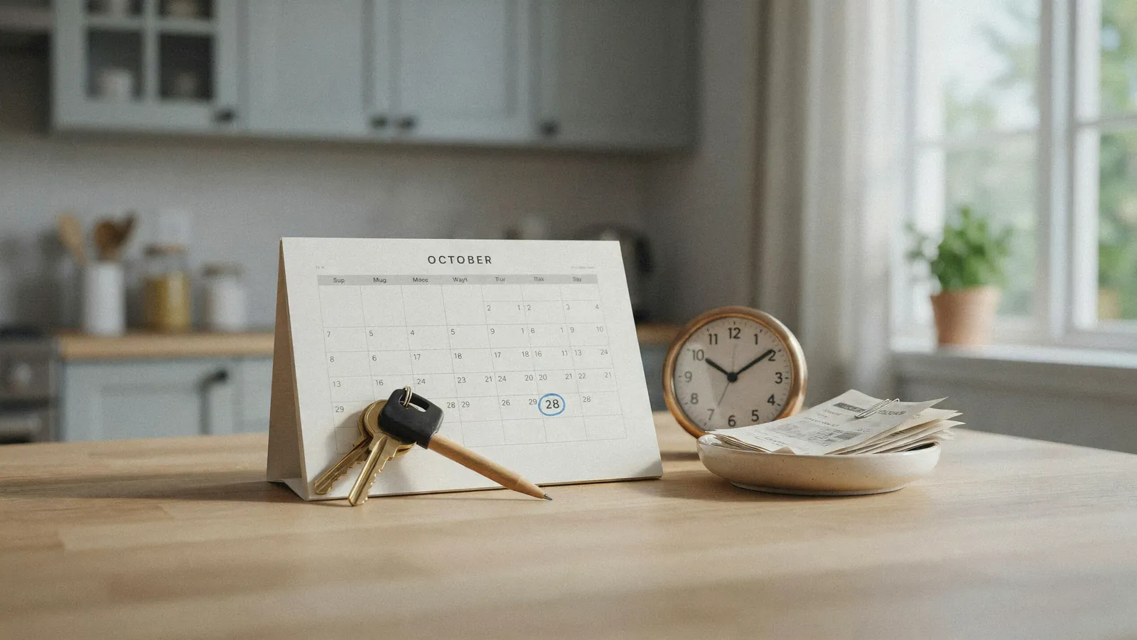 House keys resting beside a paper calendar with a date circled, marking the foreclosure timeline in Alberta