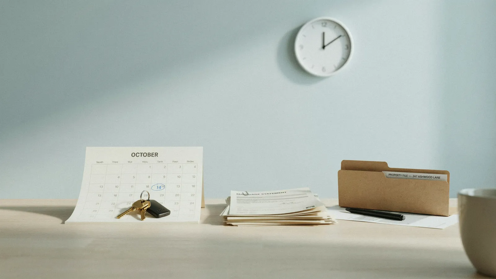 A residential property file open on a desk with calendar pages and a pen, showing how the foreclosure process in Alberta moves stage by stage