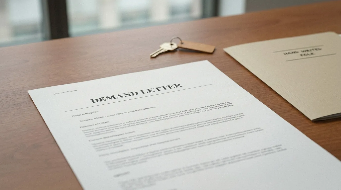 A mortgage demand letter and house keys on a desk, the court process Alberta uses instead of power of sale