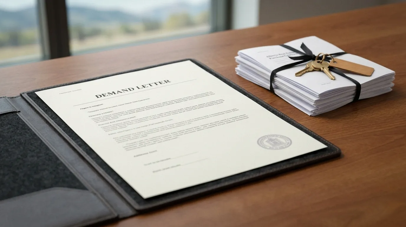 Mortgage paperwork and a demand letter on a desk, refinancing to stop foreclosure in Alberta