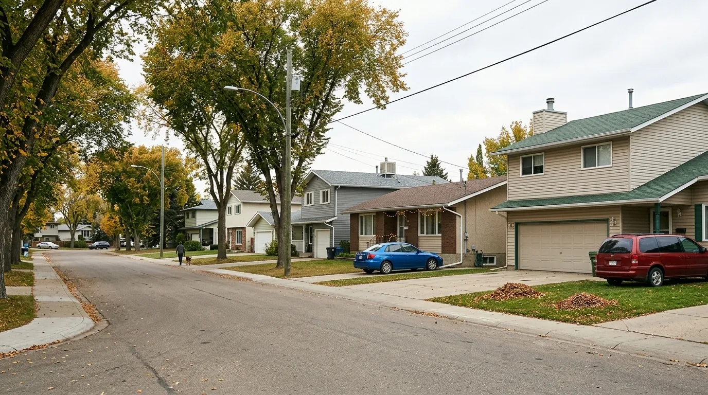 An ordinary residential street of Alberta homes, where a foreclosure can reach any stage of the process
